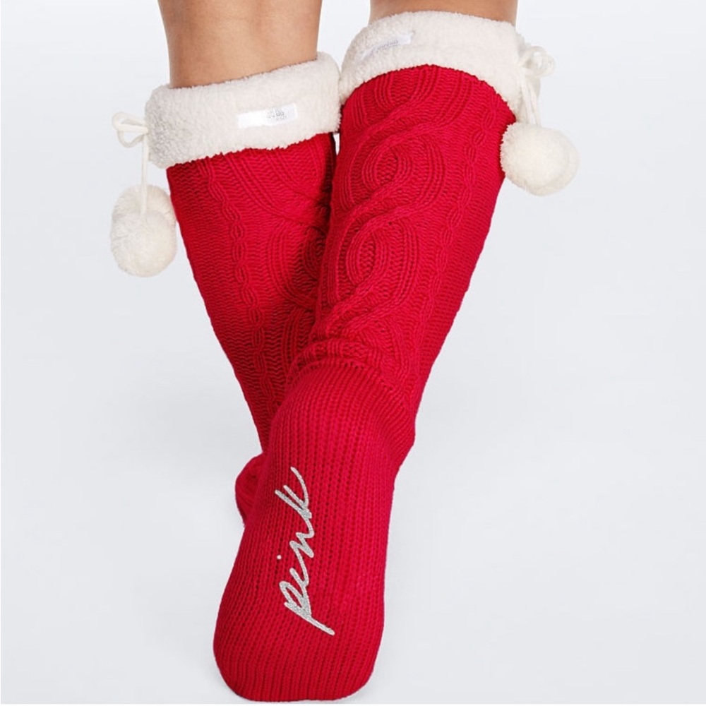 Victoria's Secret PINK OS Sherpa Lined Socks Cable Knit Knee High Pom Poms Red